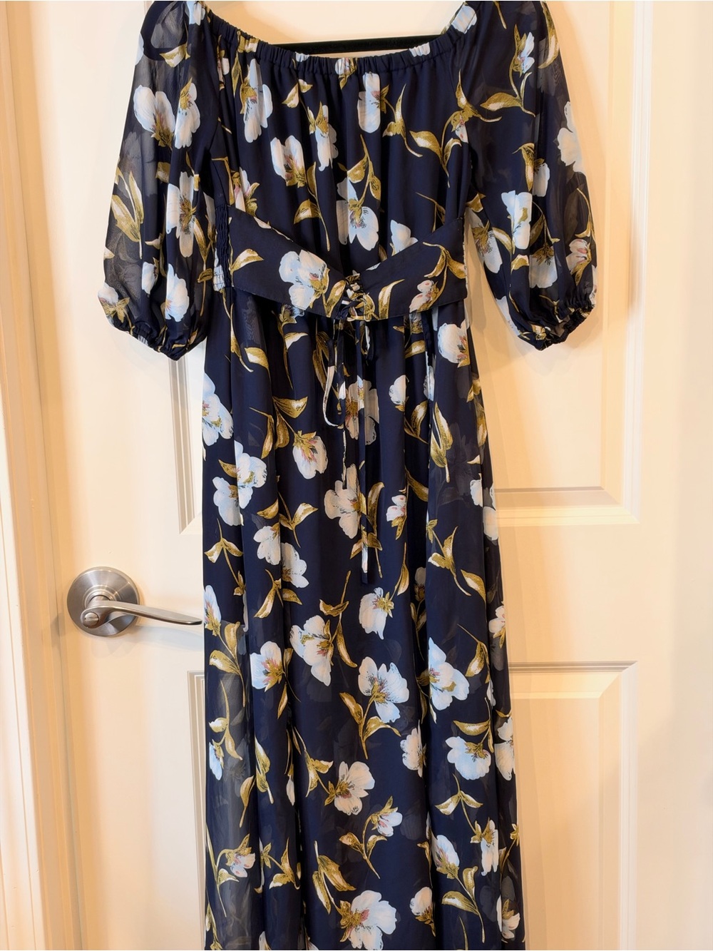 Fashion Nova Navy Floral Off-Shoulder Maxi Dress with Belt